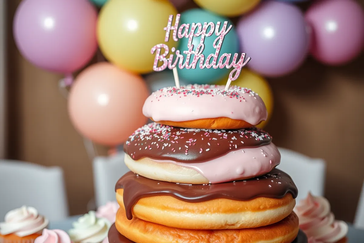  Tiered donut cake with chocolate and pink frosting.