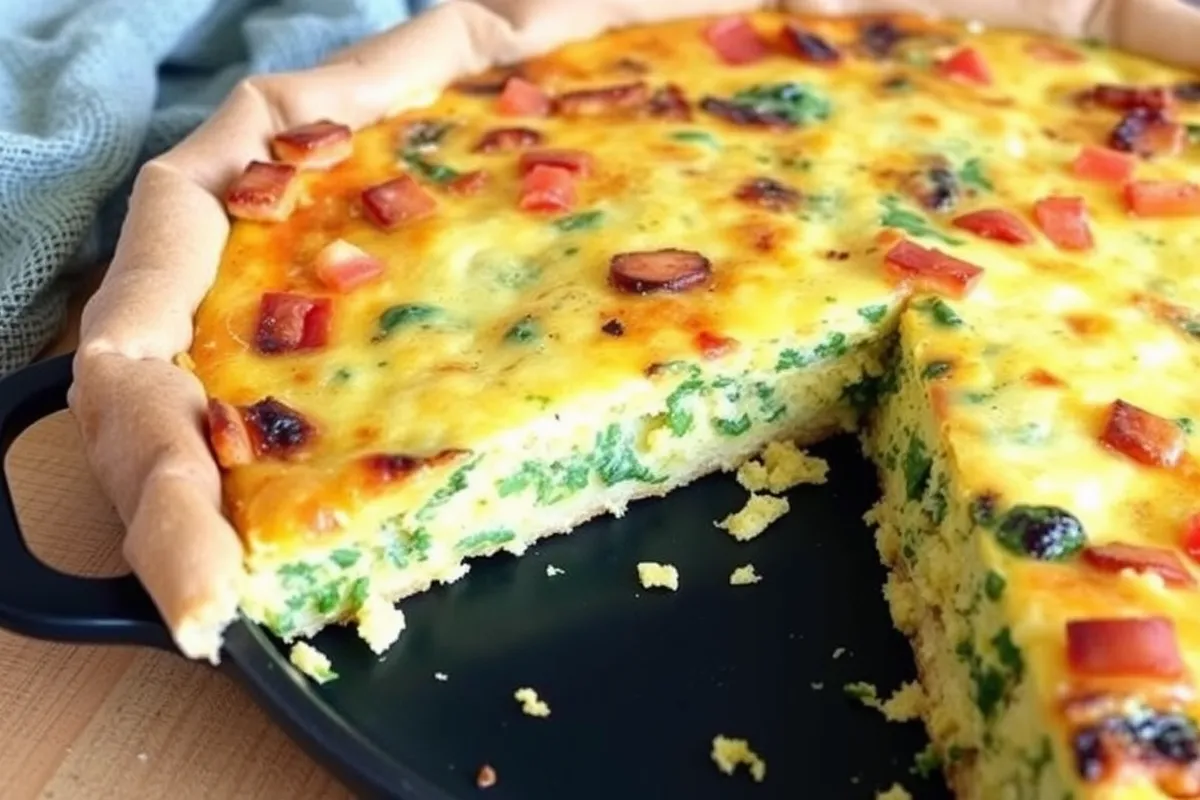 Tortilla quiche bake with golden crust and colorful filling