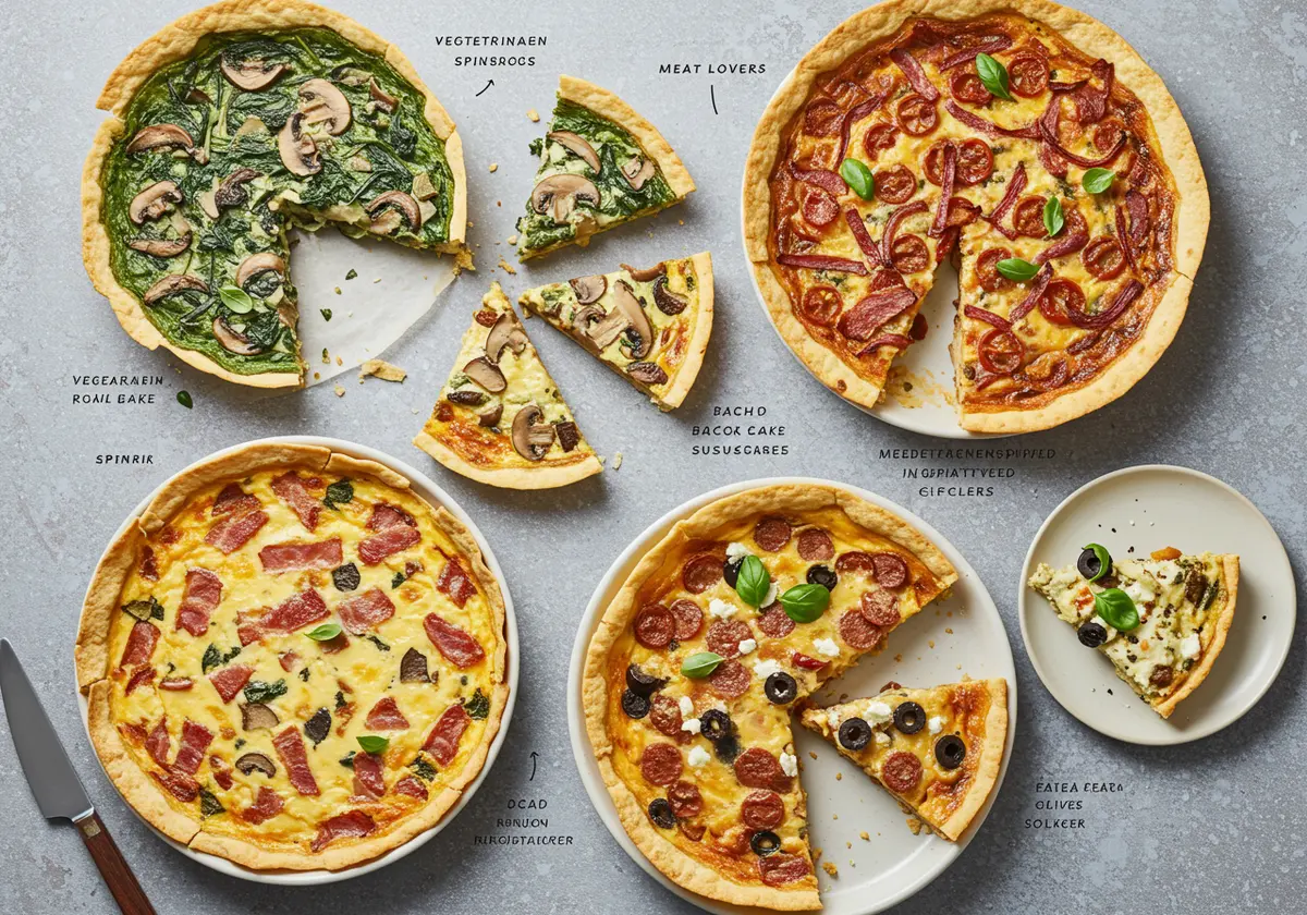 Three variations of tortilla quiche bake on a table