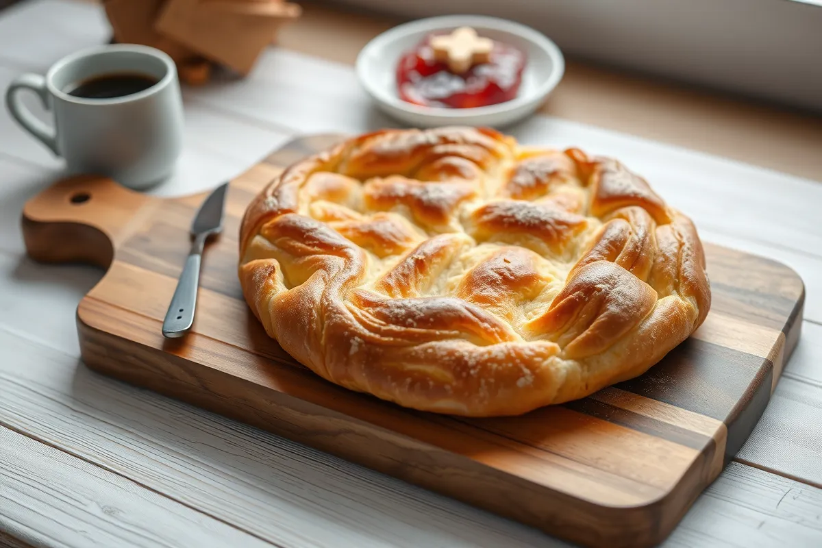 Freshly baked golden brown Gipfeli served on a rustic wooden board with coffee and jam.