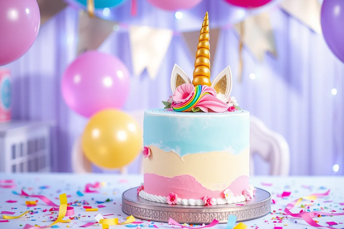 A colorful unicorn cake with a golden horn and rainbow decorations on a party table.