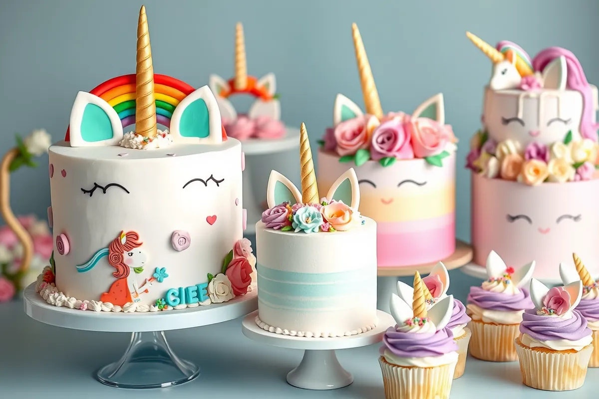 Step-by-step guide showing the process of baking and decorating a unicorn cake.