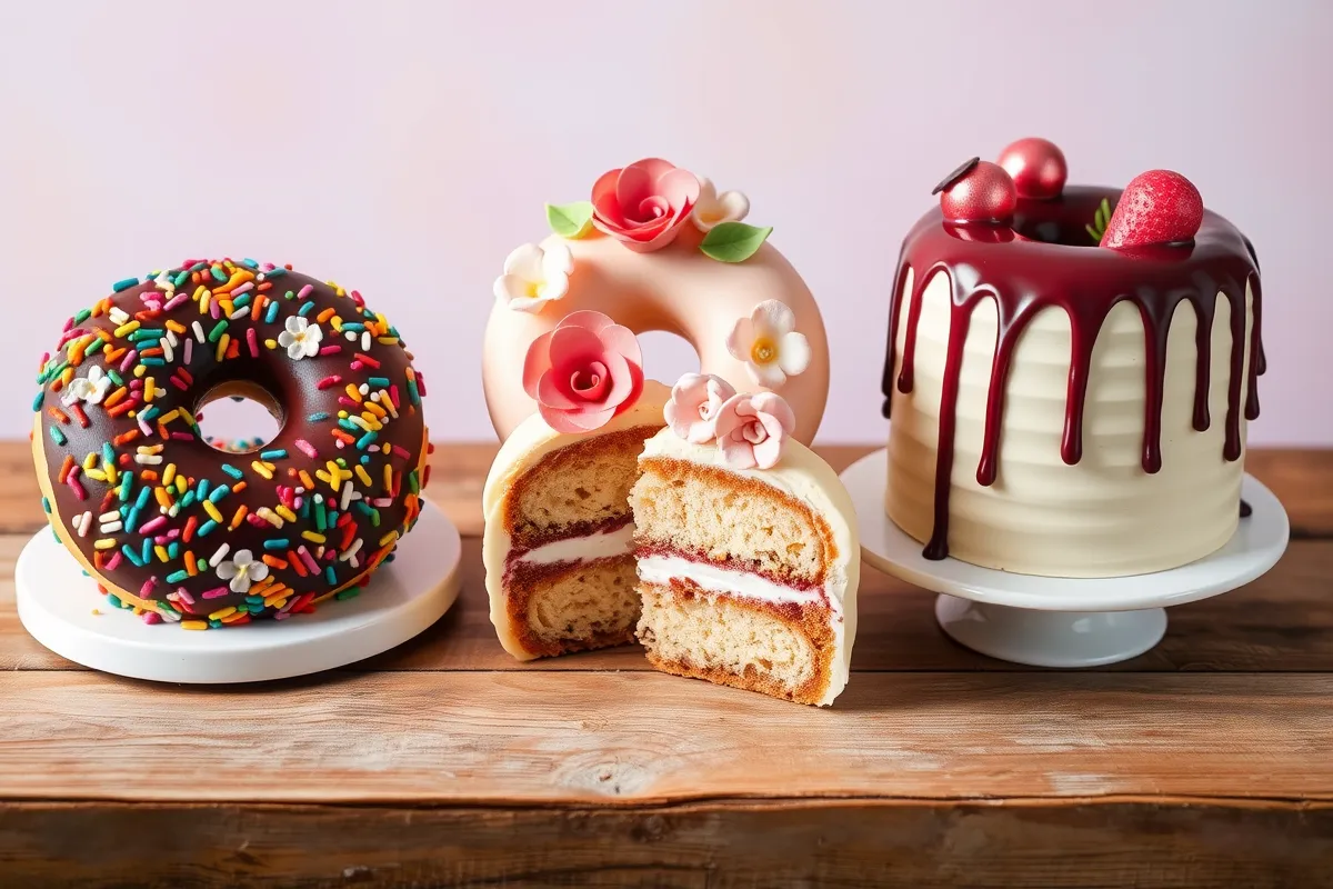 creatively designed donut cakes with unique decorations.