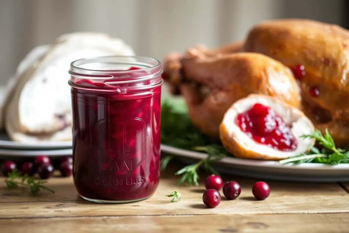 Whole berry canned cranberry sauce served with turkey