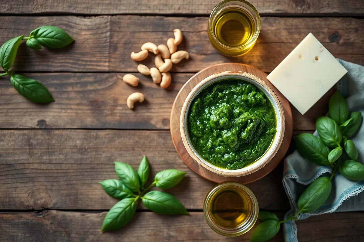 Basilico pesto with fresh ingredients on a rustic table.