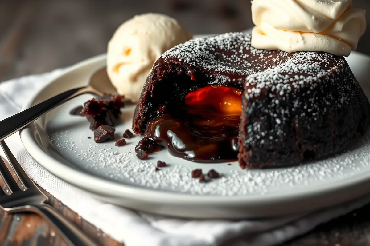 A chocolate lava cake with powdered sugar and vanilla ice cream.