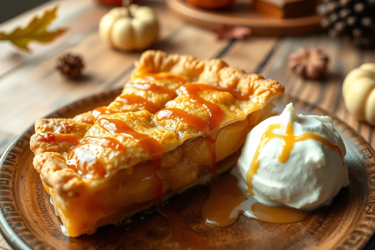 Warm apple pie with vanilla ice cream and caramel drizzle.