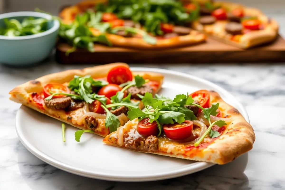  Fennel sausage pizza variation with arugula and roasted tomatoes.