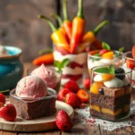 A rustic dessert spread with sorbet, chocolate cake, and fruit parfaits, styled alongside chili peppers.