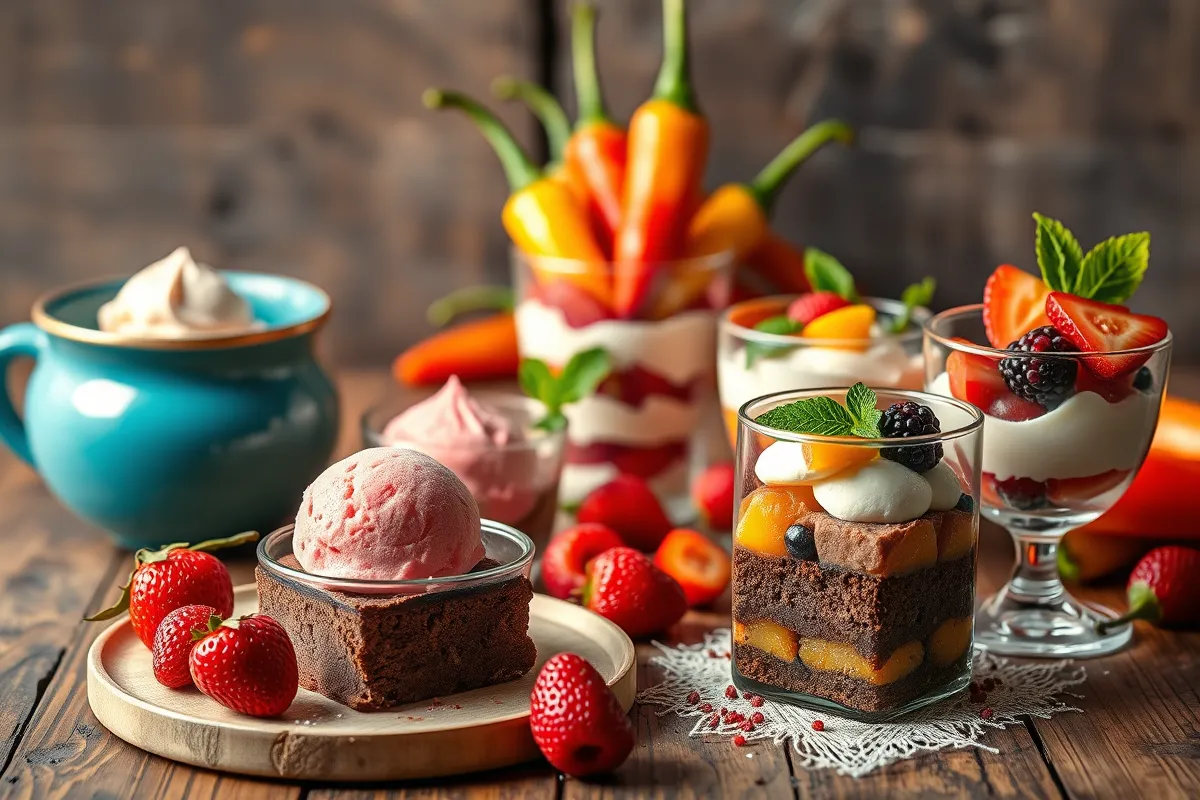 A rustic dessert spread with sorbet, chocolate cake, and fruit parfaits, styled alongside chili peppers.