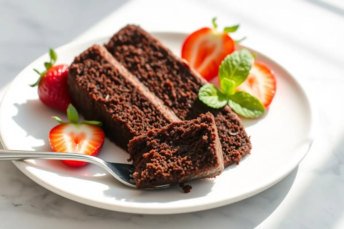 Slice of moist eggless chocolate cake with strawberries.