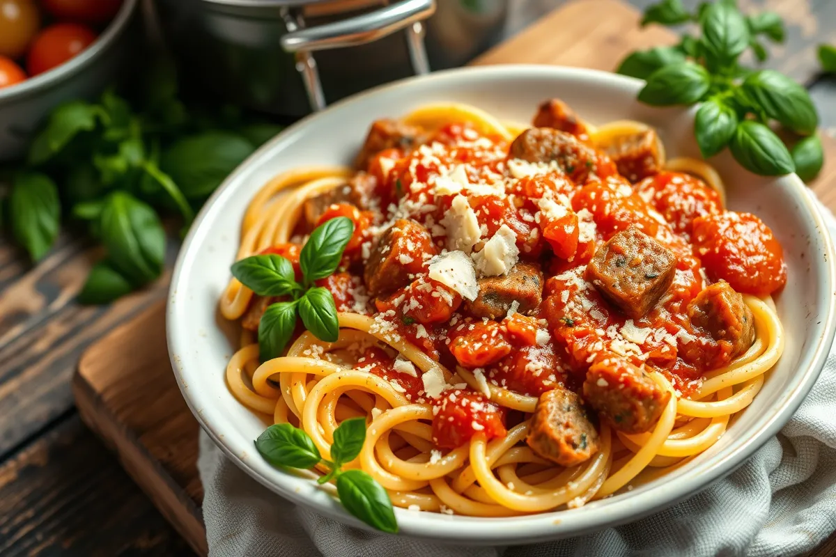 Fennel sausage pasta with fresh herbs in an Italian kitchen.