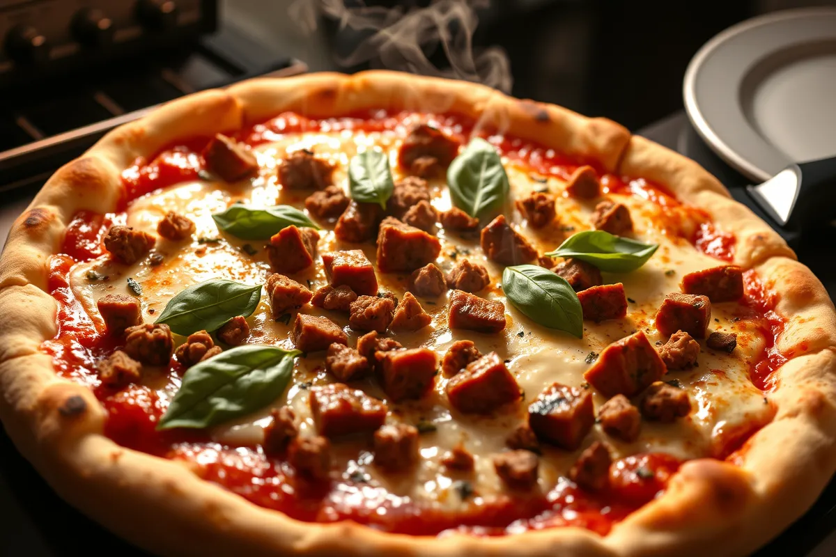 Close-up of fennel sausage pizza with fresh basil and golden crust