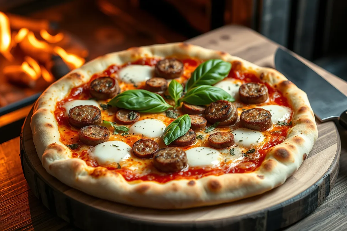 Freshly baked fennel sausage pizza with golden crust and toppings.