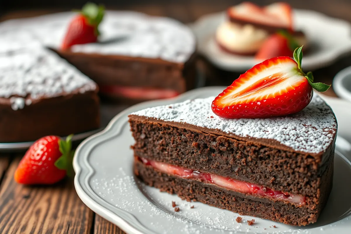 Flourless chocolate torte with fresh strawberries.