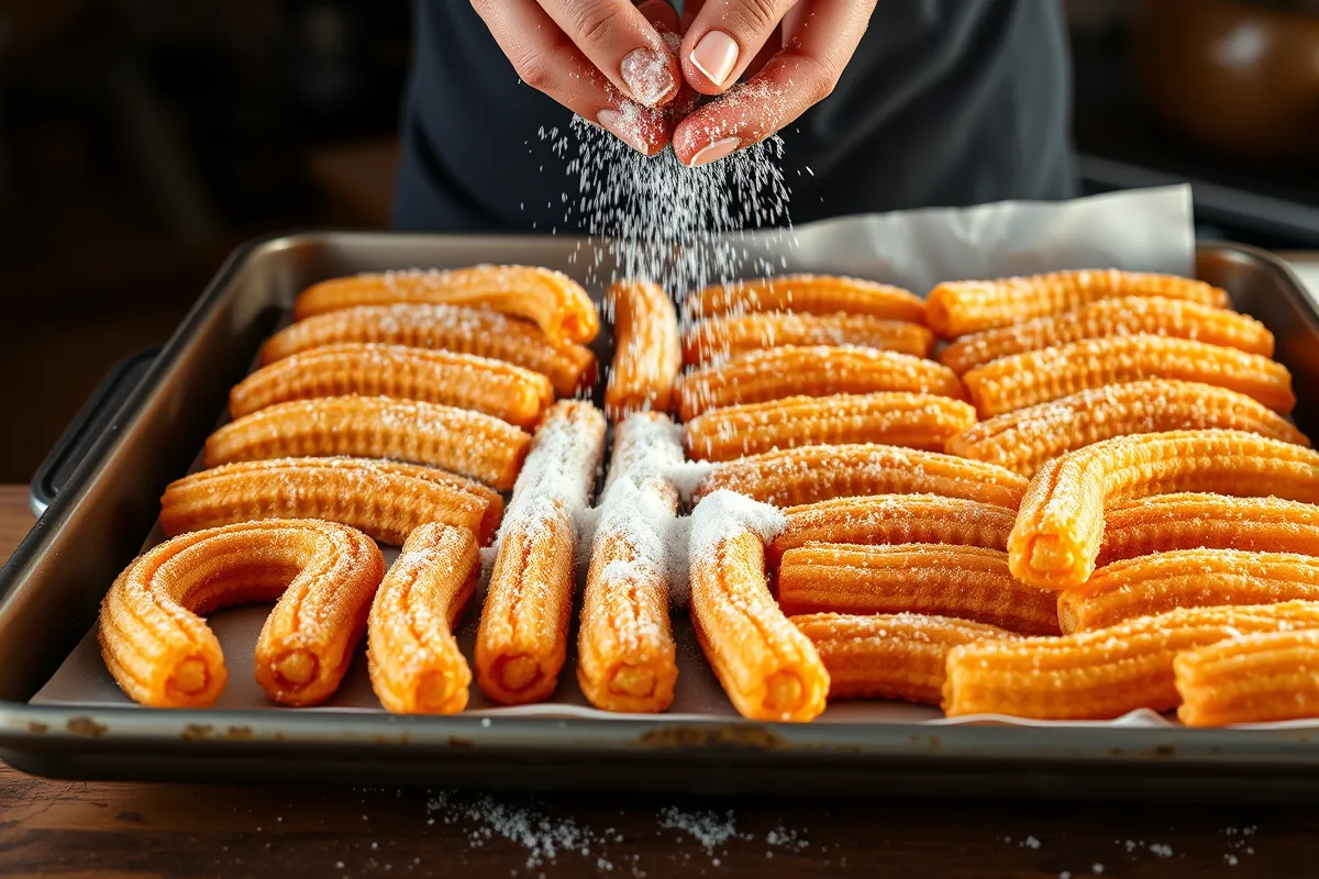 Homemade churros being coated with cinnamon sugar