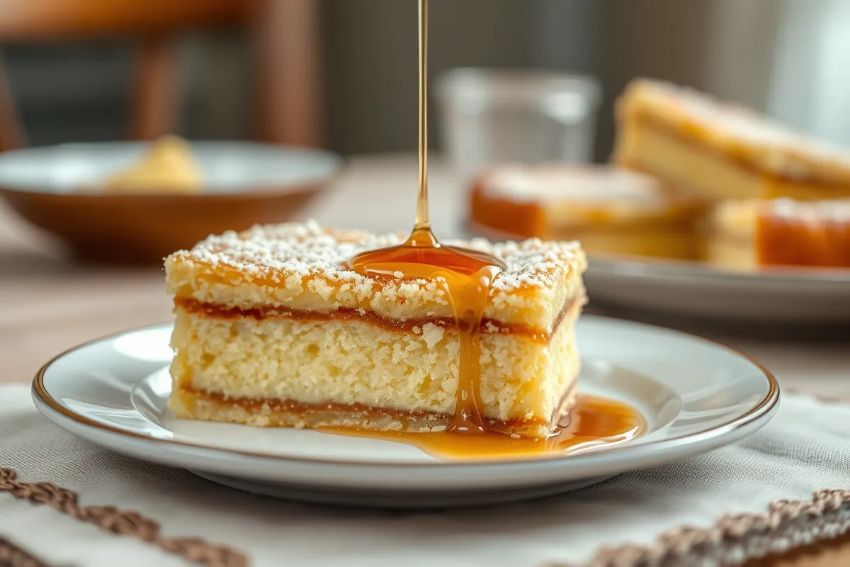 Slice of Galaktoboureko with syrup on a Greek dinner table.