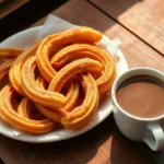 Fresh churros with cinnamon sugar and hot chocolate