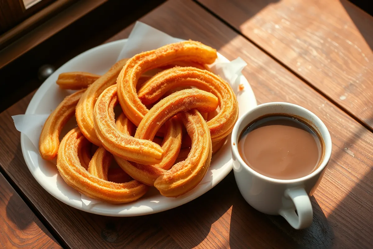 Fresh churros with cinnamon sugar and hot chocolate