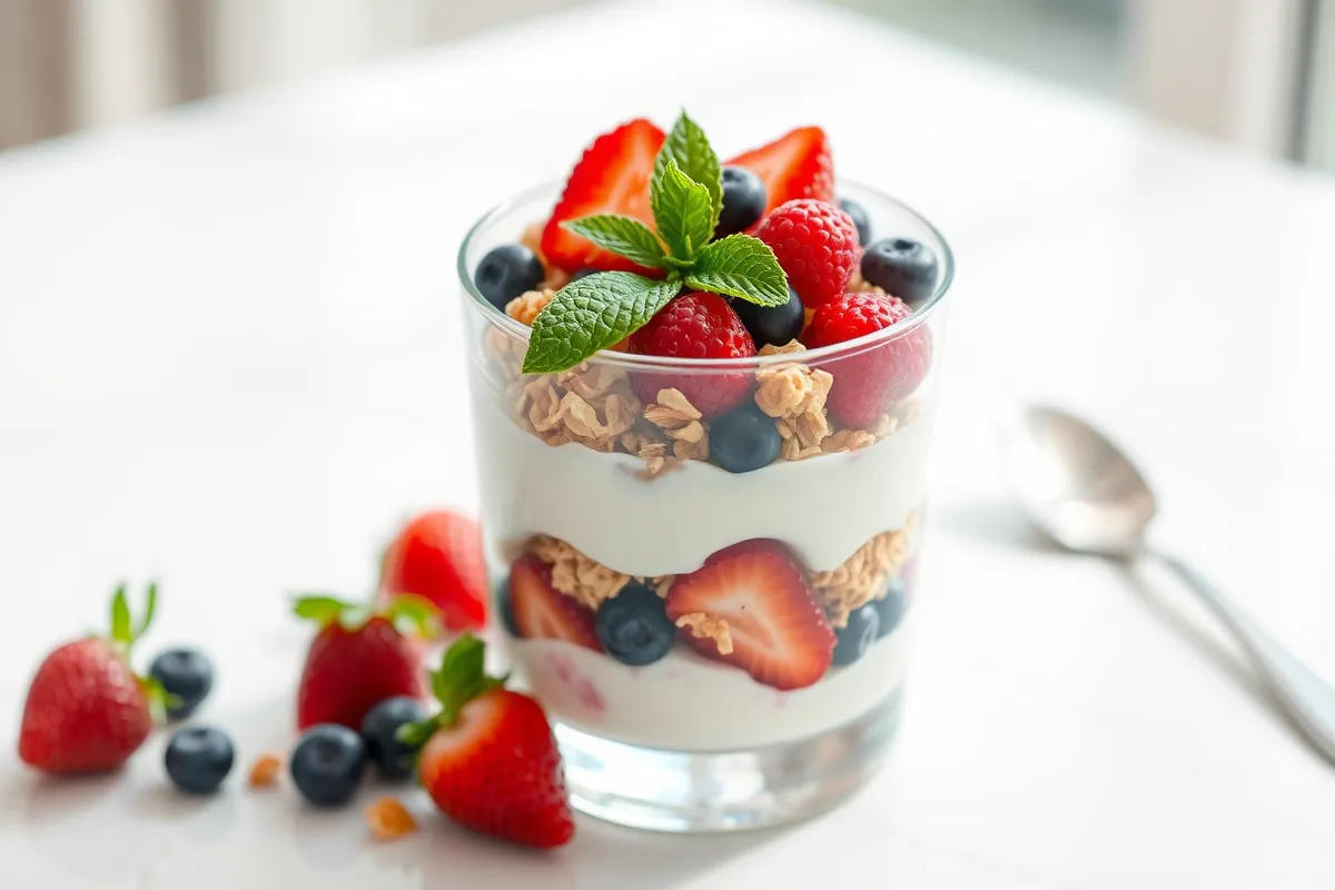 A fresh fruit parfait with yogurt, granola, and berries.