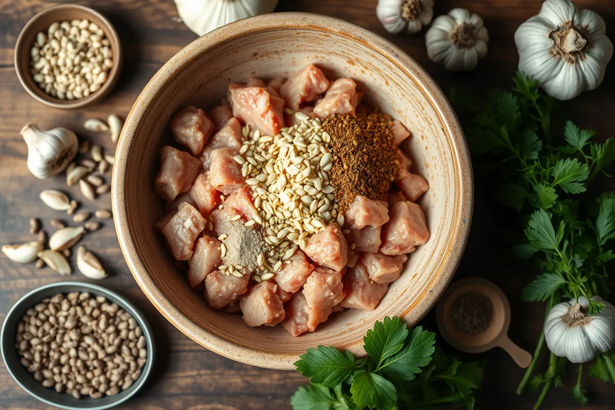 Mixing fennel sausage ingredients in a rustic kitchen.