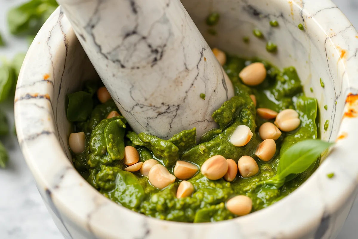 Preparing basilico pesto with mortar and pestle