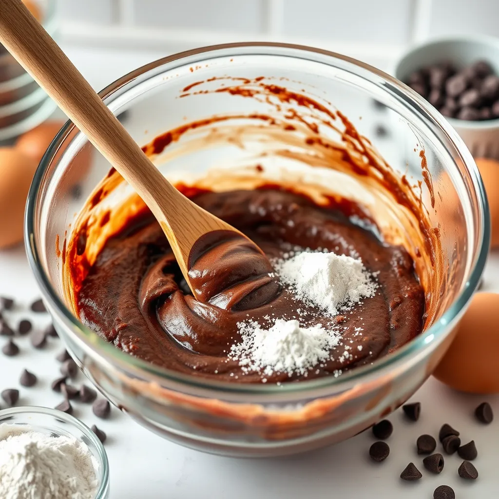 Mixing brownie batter with baking powder and ingredients.