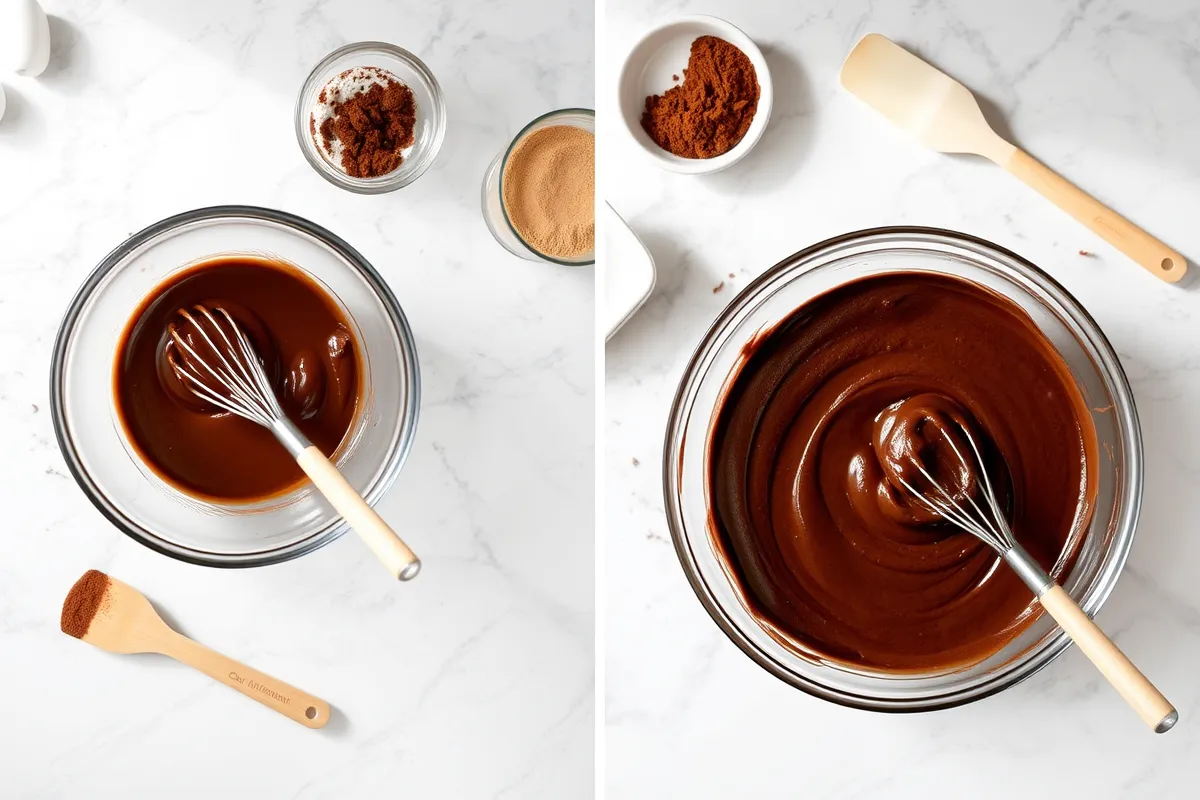 Mixing eggless chocolate cake batter with baking tools.