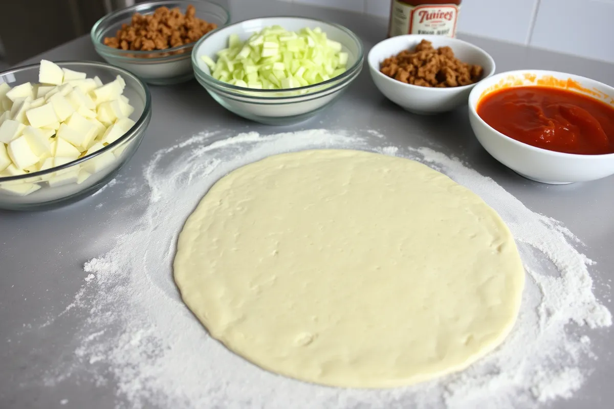 Chef preparing fennel sausage pizza with fresh ingredients.