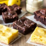 Healthy sourdough dessert recipes: brownies, banana bread, and lemon bars on a rustic table.