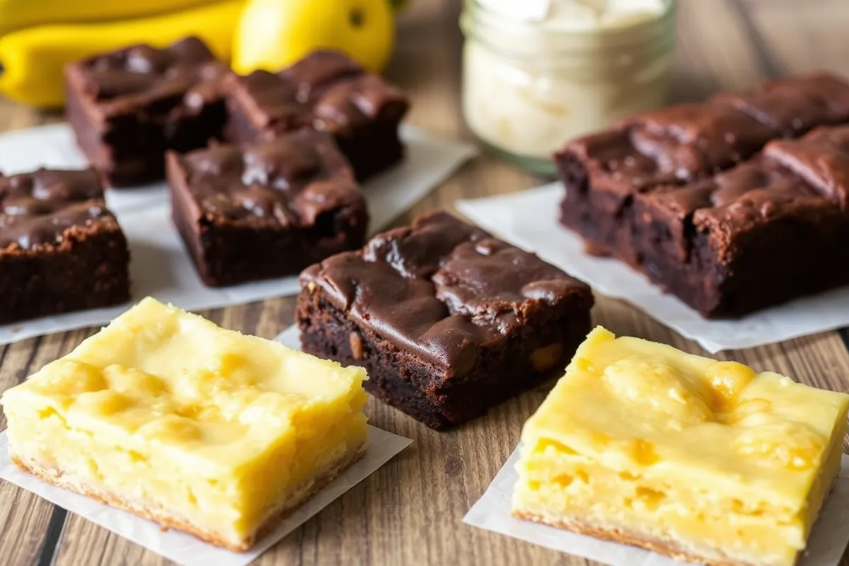 Healthy sourdough dessert recipes: brownies, banana bread, and lemon bars on a rustic table.