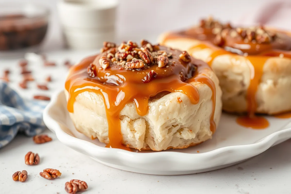 : Close-up of sourdough maple pecan sticky buns drizzled with caramel sauce.