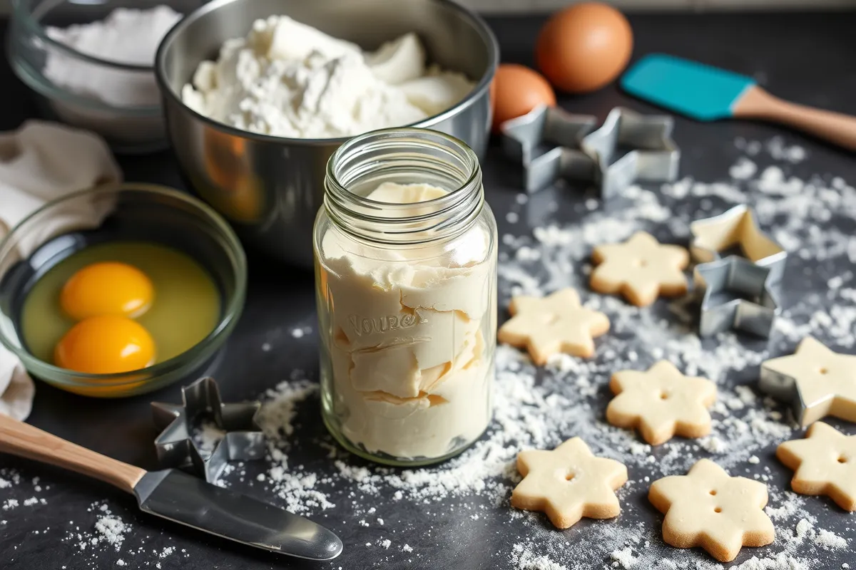 Baking scene with sourdough discard, dough, and cookie cutters on a countertop.