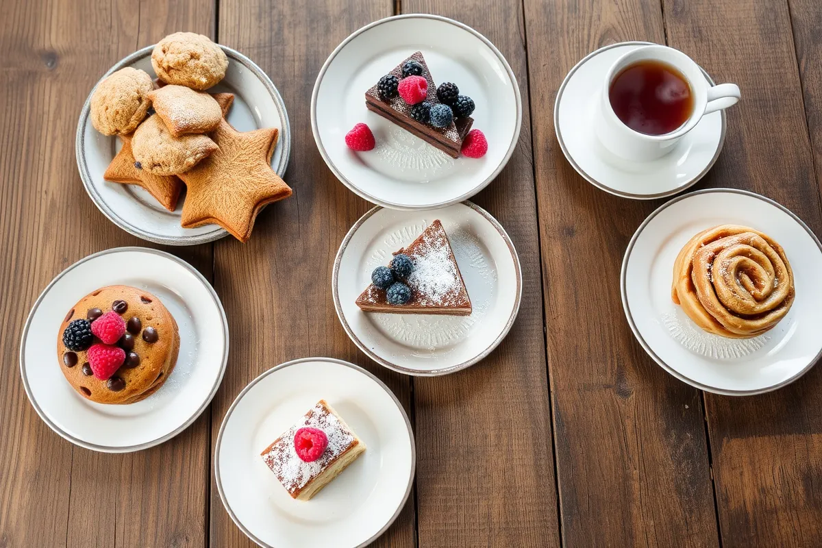 A rustic table showcasing a variety of sourdough desserts, including cookies, cakes, and cinnamon rolls.