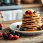 Golden sourdough pancakes with syrup and berries.