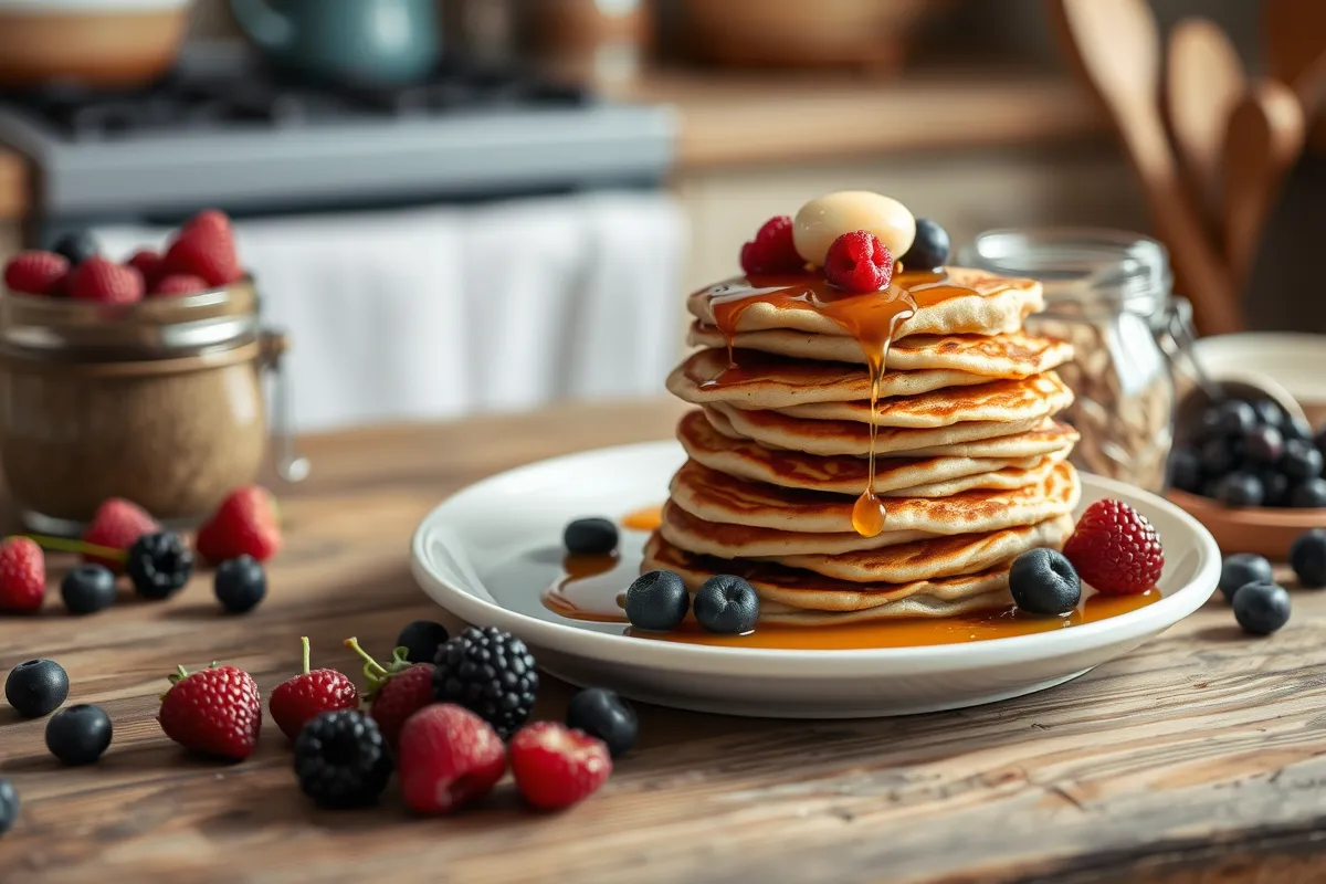 Golden sourdough pancakes with syrup and berries.