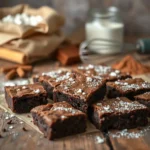 Freshly baked brownies with baking ingredients.