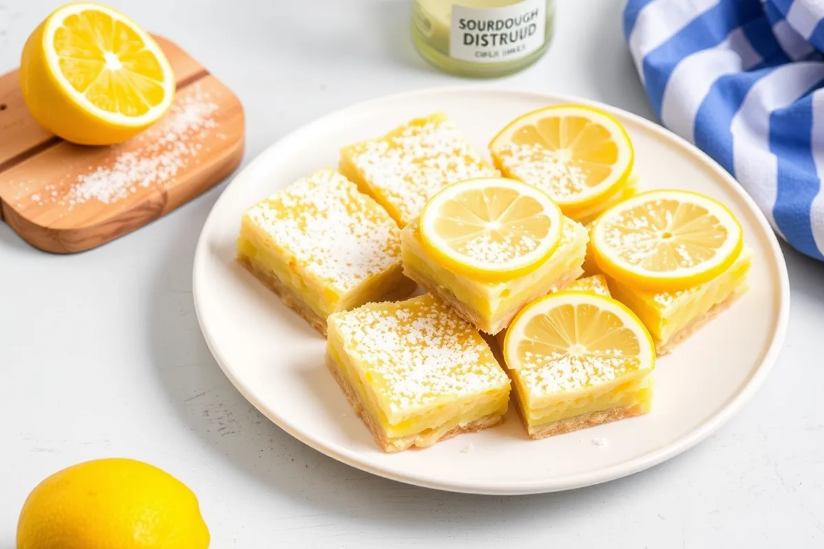 Sourdough lemon bars garnished with fresh lemons and powdered sugar