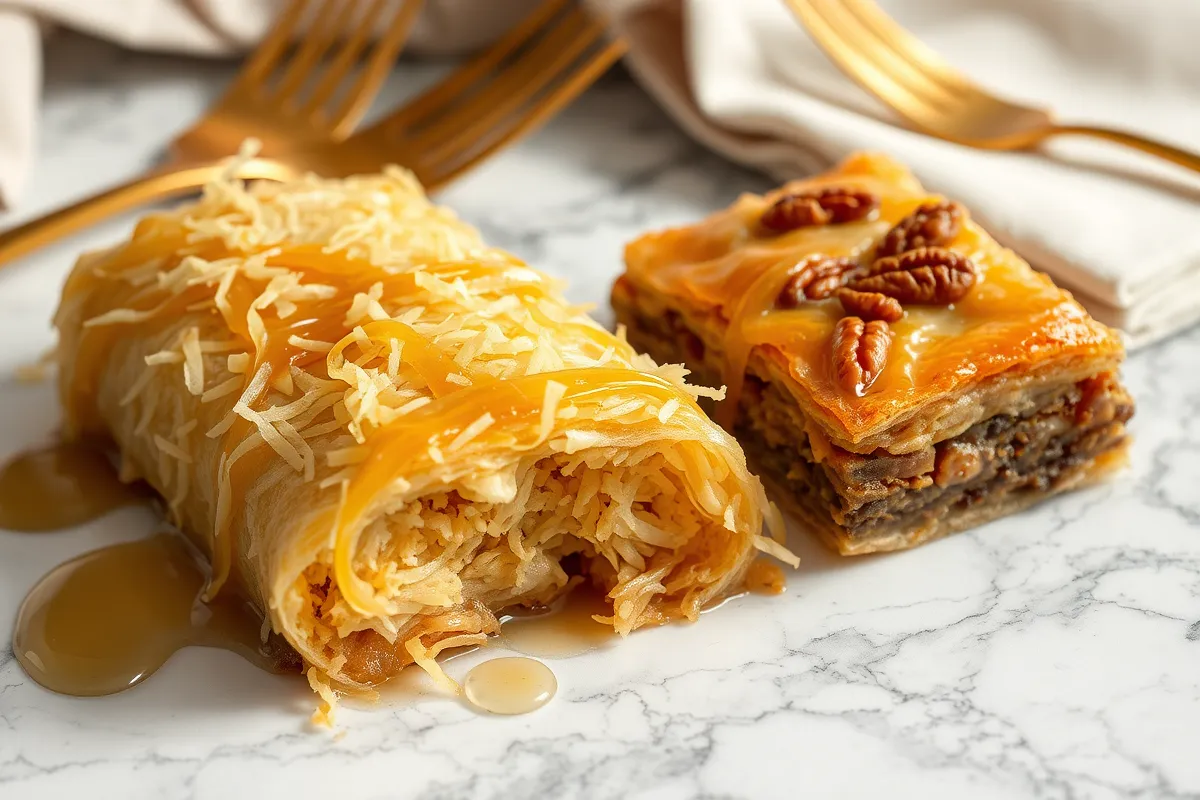  Close-up of kataifi and baklava highlighting texture differences.