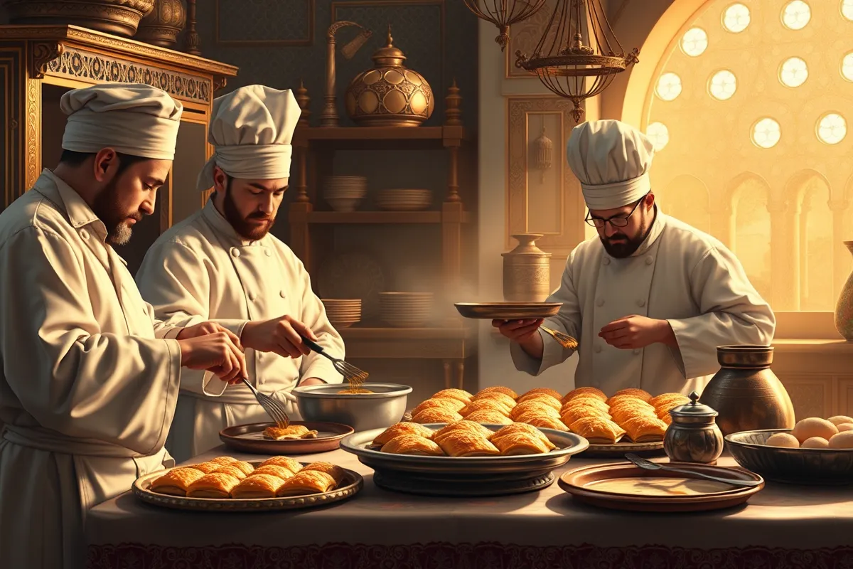 Ottoman chefs preparing baklava in a royal kitchen.