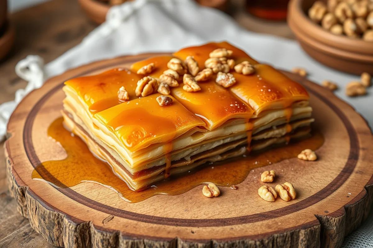 Golden-brown baklava garnished with walnuts in a traditional Greek setting.