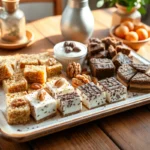 Platter of Greek no-bake desserts with yogurt, pasteli, and mosaiko.