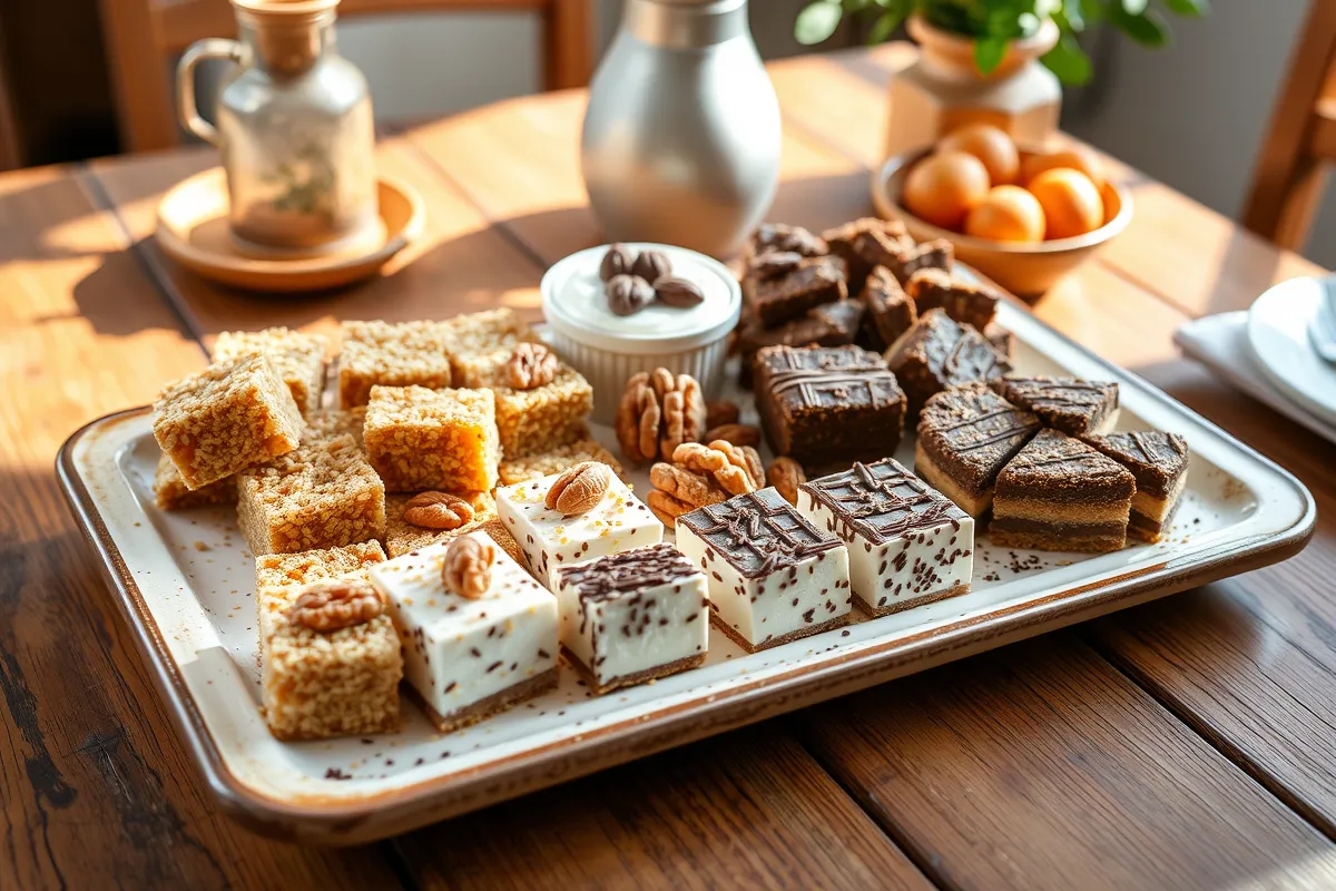 Platter of Greek no-bake desserts with yogurt, pasteli, and mosaiko.