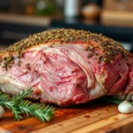 Boneless prime rib roast with garlic-herb crust resting on a wooden carving board.