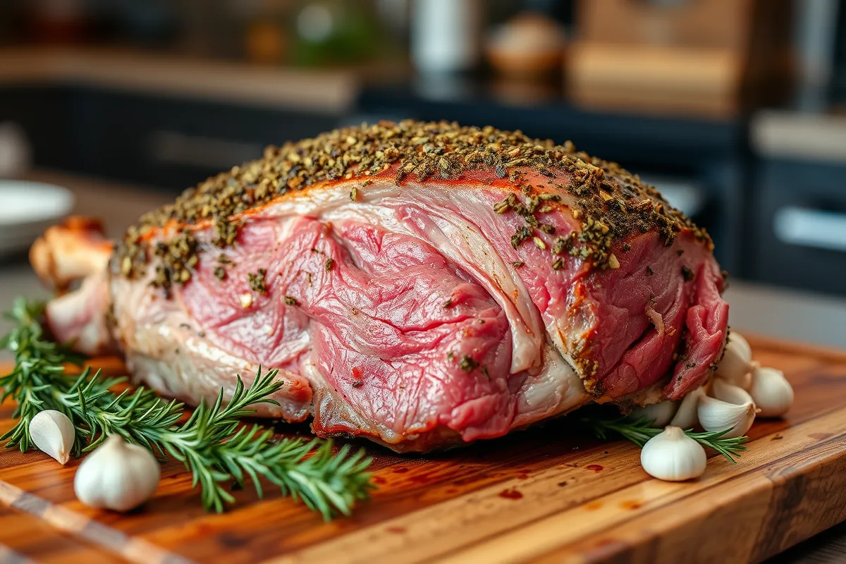 Boneless prime rib roast with garlic-herb crust resting on a wooden carving board.