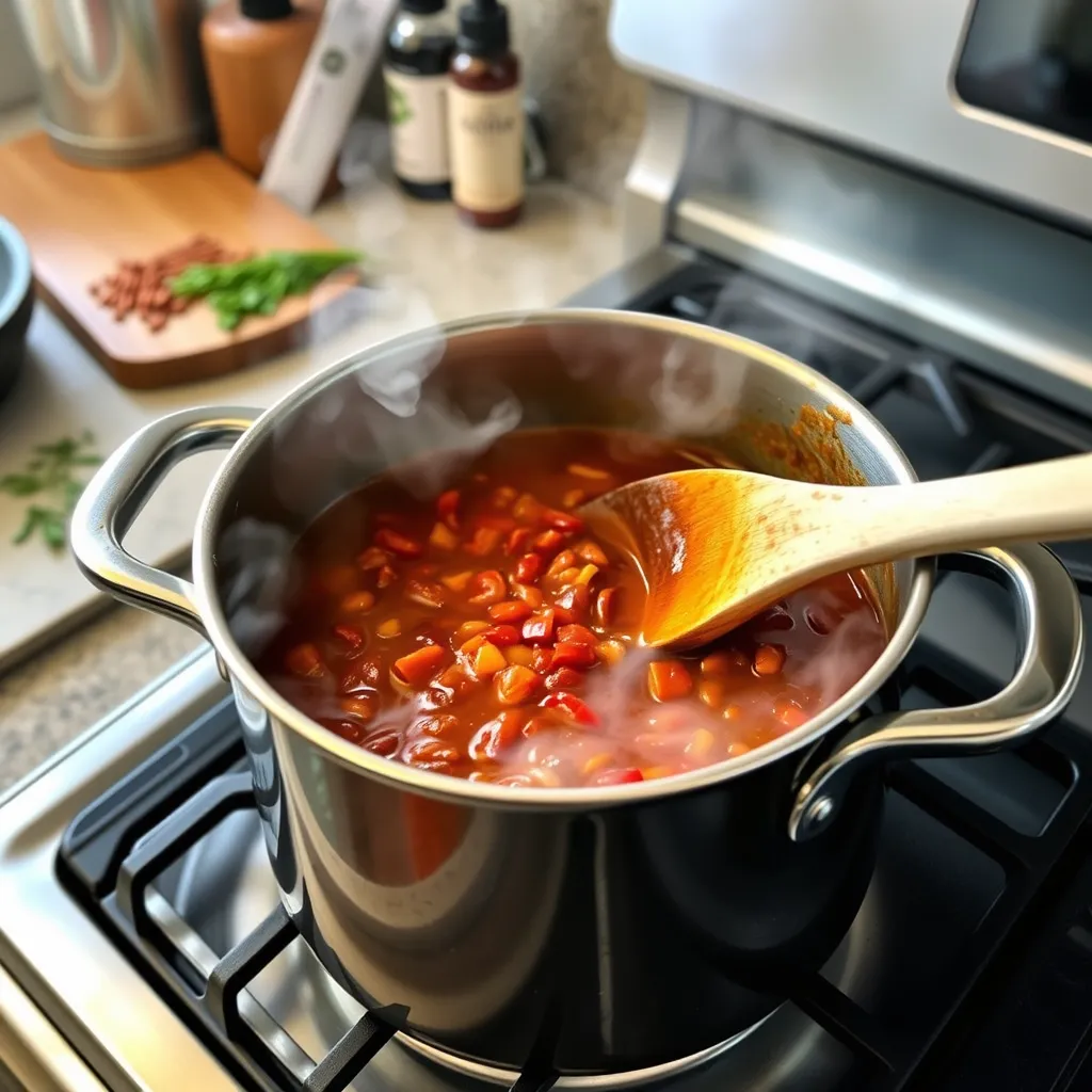 Pot of deer chili simmering on a stove