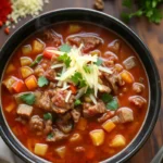 Bowl of hearty venison chili without beans with garnishes.