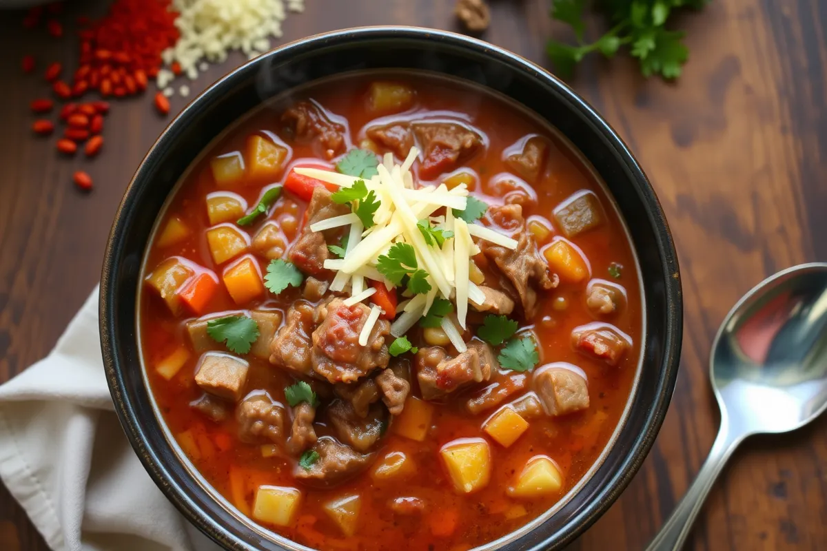 Bowl of hearty venison chili without beans with garnishes.