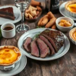 Homemade roast beef dinner with desserts on a rustic table.