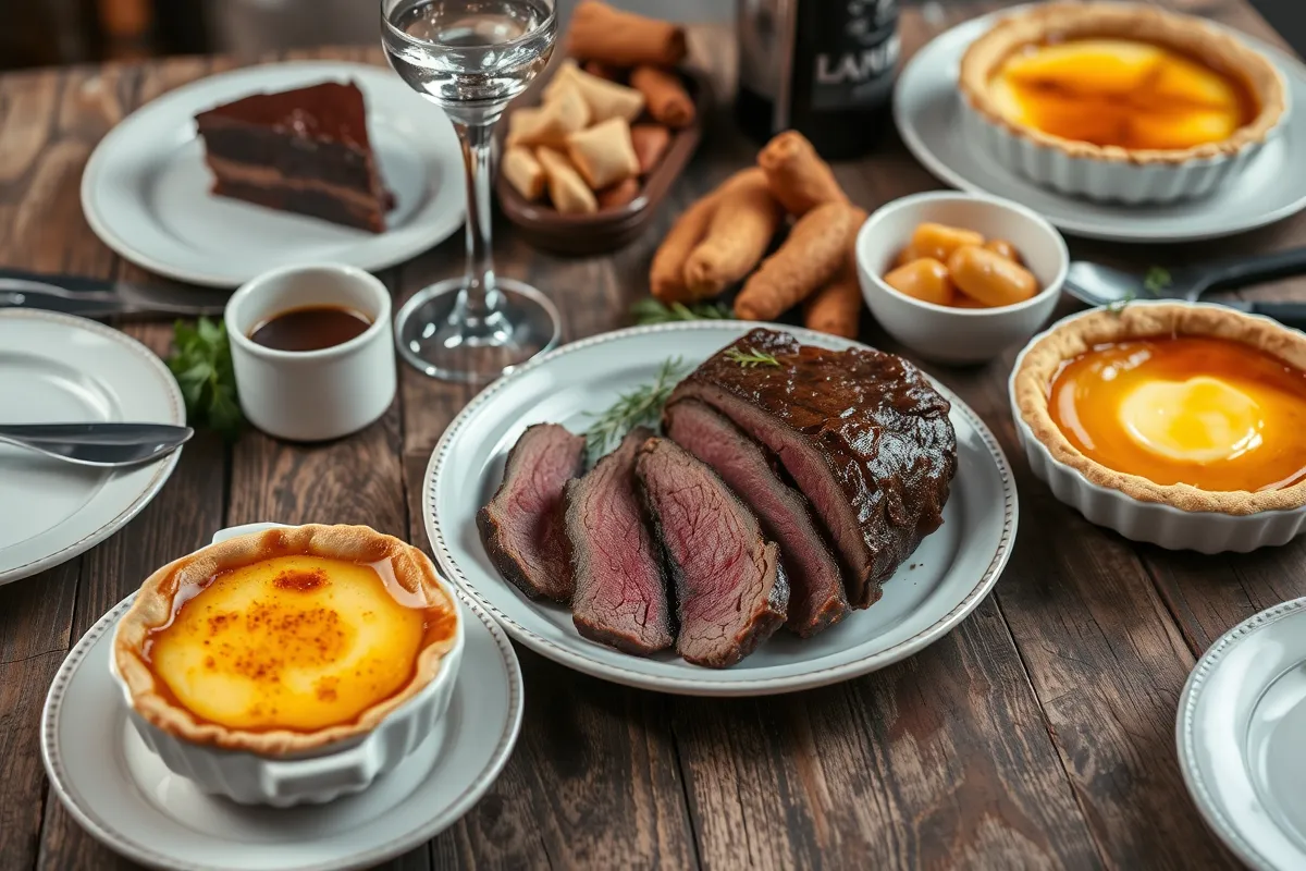 Homemade roast beef dinner with desserts on a rustic table.